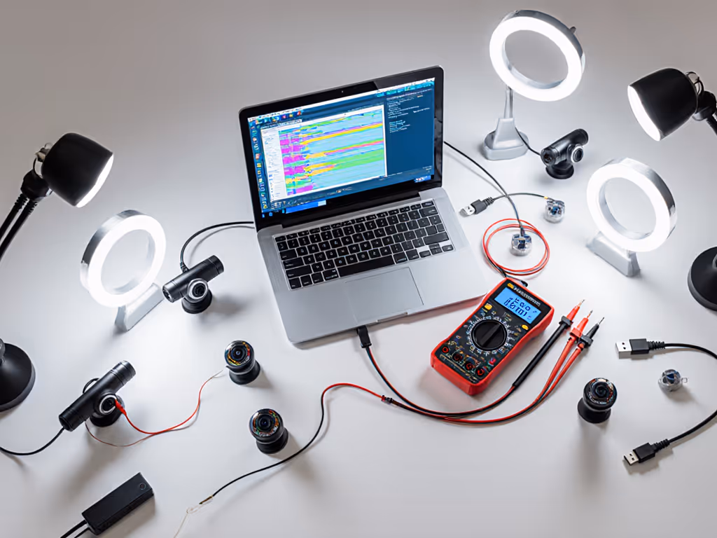 webcam_power_testing_setup_with_multimeter_laptop_and_multiple_cameras_under_test